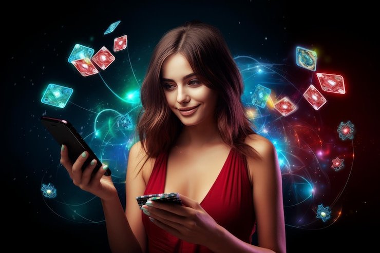 Tampilan close-up kartu poker dan area taruhan pada meja Caribbean Stud